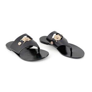 Versace Medusa Cutout Thong Sandals EU 37.5 US 7.5 Black Leather Flat Flip Flop